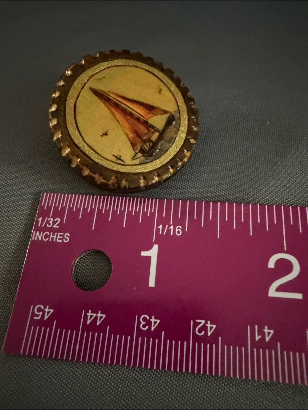 Vintage Sailboat Wood Medallion Pin - Brown & Gold Sail